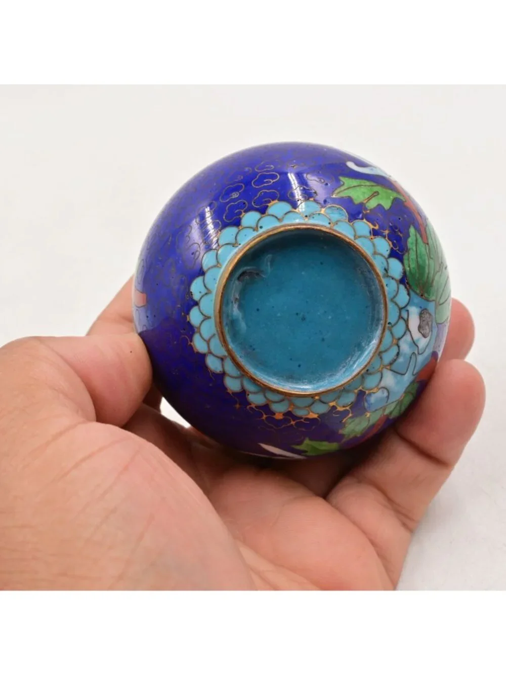 Chinese Cloisonne Miniature Flower Vase Cobalt Blue Enamel Gold Tone Rim 4